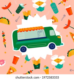 vector poster banner illustration about street fast food in the city in summer. The food truck is green around what it sells other food and drink