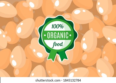 Vector poster or banner with illustration of chicken eggs background and round green organic food label. Environmental tag design. Eco food shopping.