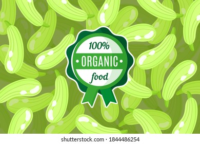 Afiche o cartel vectorial con ilustración de fondo de calabaza verde y etiqueta de comida ecológica redonda. Diseño de etiquetas ambientales. Compra de alimentos ecológicos.