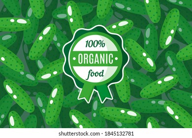 Vector poster or banner with illustration of green cucumber background and round green organic food label. Environmental tag design. Eco food shopping.