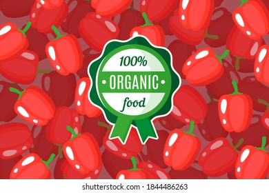 Afiche o pancarta vectorial con ilustración de fondo de pimienta roja y etiqueta ecológica redonda. Diseño de etiquetas ambientales. Compra de alimentos ecológicos.