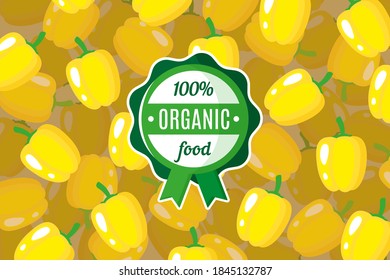 Afiche o pancarta vectorial con la ilustración del fondo del pimiento amarillo y etiqueta ecológica redonda. Diseño de etiquetas ambientales. Compra de alimentos ecológicos.
