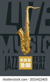 Vektorplakat oder Banner für ein Jazz-Live-Musikfestival mit goldenem Saxophon auf schwarzem Hintergrund. Geeignet für Werbe-Flyer, Einladung, Ticket, Cover