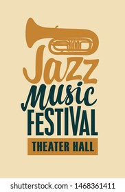 Vector poster of banner for a jazz music festival with a silhouette of saxophone and calligraphic inscription in retro style on dark background