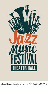 Vector poster or banner for a jazz music festival in retro style on light background with wind instruments, saxophone, microphone and inscriptions