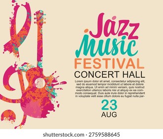 Vector poster, or banner for a jazz music with guitar, treble clef and colored splash, spots and inscription. Suitable for flyer, invitation, poster, cover, icon, music school, advertising, festival. No ai