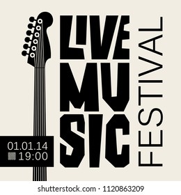 Vector poster or banner for live music festival with neck of acoustic guitar in retro style in black and white colors