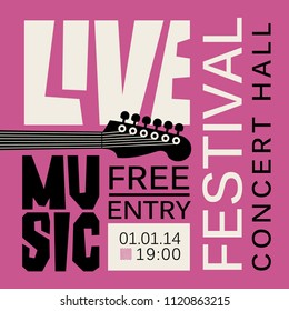 Vector poster or banner for live music festival with neck of acoustic guitar in retro style on purple background