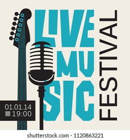 Vector poster or banner for live music festival with neck of acoustic guitar and microphone in retro style