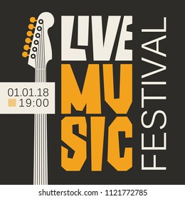 Vector Poster Or Banner For Live Music Festival With Neck Of Acoustic Guitar In Retro Style