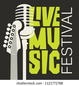 Vector poster or banner for live music festival with neck of acoustic guitar and microphone in retro style