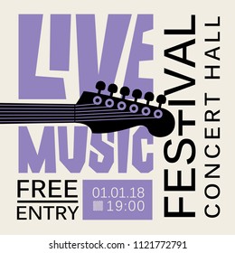 Vector poster or banner for live music festival with neck of acoustic guitar in retro style