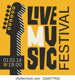 Vector poster or banner for live music festival with neck of acoustic guitar in retro style on the yellow background