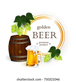 vector poster, banner with mug, glass and bottle of golden lager beer with thick foam with hop leaves, cones. Ready for your design mockup template. Isolated illustration on a white background.