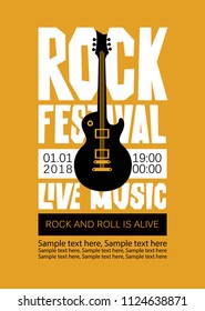 Afiche vectorial o banner para el Festival de Música en vivo de Rock con una guitarra eléctrica y lugar de texto. El rock and roll está vivo