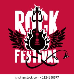 Vector poster or banner for Rock Festival with an electric guitar, wings, fire and devil trident on red background