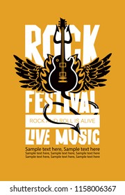 Vector poster or banner for Rock Festival of live music with an electric guitar, wings, fire, devil trident and place for text. Rock and roll is alive