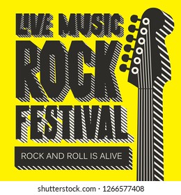 Vector poster or banner for Rock Festival of live music with neck of electric guitar on the yellow background. Rock and roll is alive. Creative lettering for t-shirt design in modern style