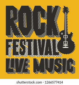 Vector poster or banner for Rock Festival of live music with an electric guitar on the yellow background. Creative lettering for t-shirt design in modern style