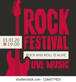 Vector poster or banner for Rock Festival of live music with a red electric guitar on the black background. Rock and roll is alive