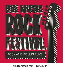 Vector poster or banner for Rock Festival of live music with a neck of electric guitar on the red background. Rock and roll is alive. Template for flyers, banners, invitations, brochures and covers