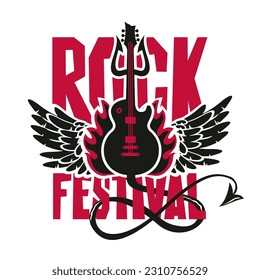 Vector poster or banner for Rock Festival with an electric guitar, wings, fire and devil trident