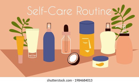 Vector poster or banner with self care routine cosmetic products in flat style
