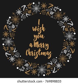 Vector poster, banner, tag Christmas wreath with inscription I wish you a Merry Christmas Wreath with xmas balls, snowflakes, branches, socks and gifts on grey chalkboard. Template for greeting card