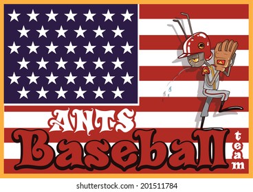 Vector poster of baseball ant pitching a ball, on american background