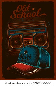 Vector poster baseball cap and old cassette recorder. Original vector illustration in vintage style. T-shirt design