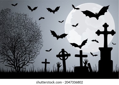 Vector poster with bats and graves for Halloween