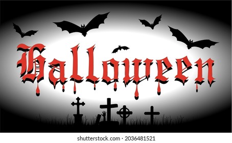 Cartel vectorial con murciélagos y texto de Halloween en caracteres góticos