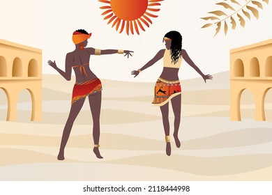 Vector, poster. beautiful African women dancing  in the desert, plants, abstract shapes and landscape in the desert and sun. Abstract posters in minimalistic style. Collection of contemporary art. 