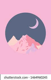 Vector poster with beautiful mountain heaps landscape. Asian oriental style, vaporwave/ retrowave style cover in soft pastel pink and nude color tones.