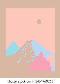 Vector poster with beautiful mountain heaps landscape. Asian oriental style, vaporwave/ retrowave style cover in soft pastel pink and nude color tones.