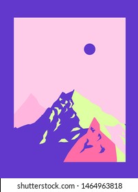 Vector poster with beautiful mountain heaps landscape. Asian oriental style, vaporwave/ retrowave style cover in soft pastel pink and nude color tones.