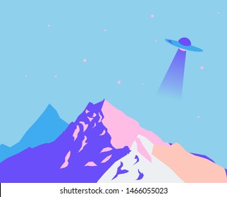 Vector poster with beautiful mountain landscape, flying UFO alien plate above. Anime cartoon style, vaporwave/ retrowave/ synthwave cover in soft pastel pink tones.