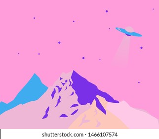 Vector poster with beautiful mountain landscape, flying UFO alien plate above. Anime cartoon style, vaporwave/ retrowave/ synthwave cover in soft pastel pink tones.