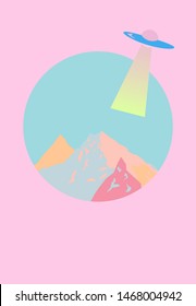 Vector poster with beautiful mountain landscape, flying UFO alien plate above. Anime cartoon style, vaporwave/ retrowave/ synthwave cover in soft pastel pink tones.