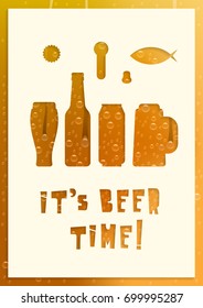 Vector poster of the beer festival. Silhouettes of bottles and lettering "It's beer time!" cut from white paper on a mesh gradient yellow background with realistic drops.