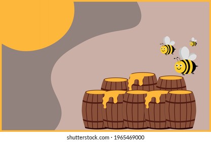 vector poster with bees and honey. flat image of wooden barrels with honey and flying bees