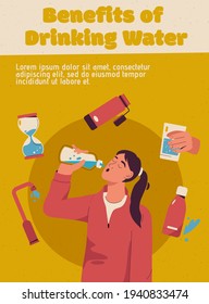 Vector poster of Benefits of Drinking Water concept. Woman drinks refreshing water from bottle. Drinking signs - and holds glass, aqua hourglass, tap, blue drops. Character illustration of banner