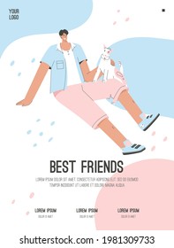 Vector poster of Best Friends concept. Happy guy sitting with dog. Man hugging his puppy. Male owner pastime with pet outdoors. Animal care, veterinary. Character illustration of advertising banner