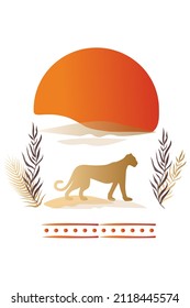 Vector, poster,  big and hot sun, plants and  leopard . Collection of contemporary art. Abstract posters in minimalistic style. 
