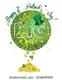Vector poster for big sale for St. Patrick's Day. The composition consists of a clover circle with coins and text
