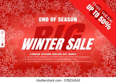 Vector poster for Big winter sale on the gradient red background with text in the center, snowflakes, radiance.