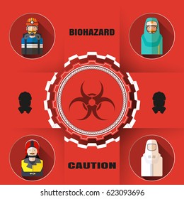 Vector poster of biohazard warning and rescue with paper label, mask silhouettes, avatars of different rescue professions and text on the red background and shadow.