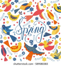 Vector poster with birds. Hand drawn lettering "spring". Design element for congratulation cards, gift package, banners and flyers.  Poster or t-shirt design.