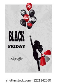 Vector poster for black friday. Silhouette of a girl who holds shopping bags in her hand and flies on balloons. Discounts, sale.