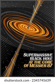 Vector Poster for Black Hole, vertical banner with illustration of hot rotate orange gas clouds and line art cosmic jet from black hole on dark starry background, decorative fantasy booklet with text